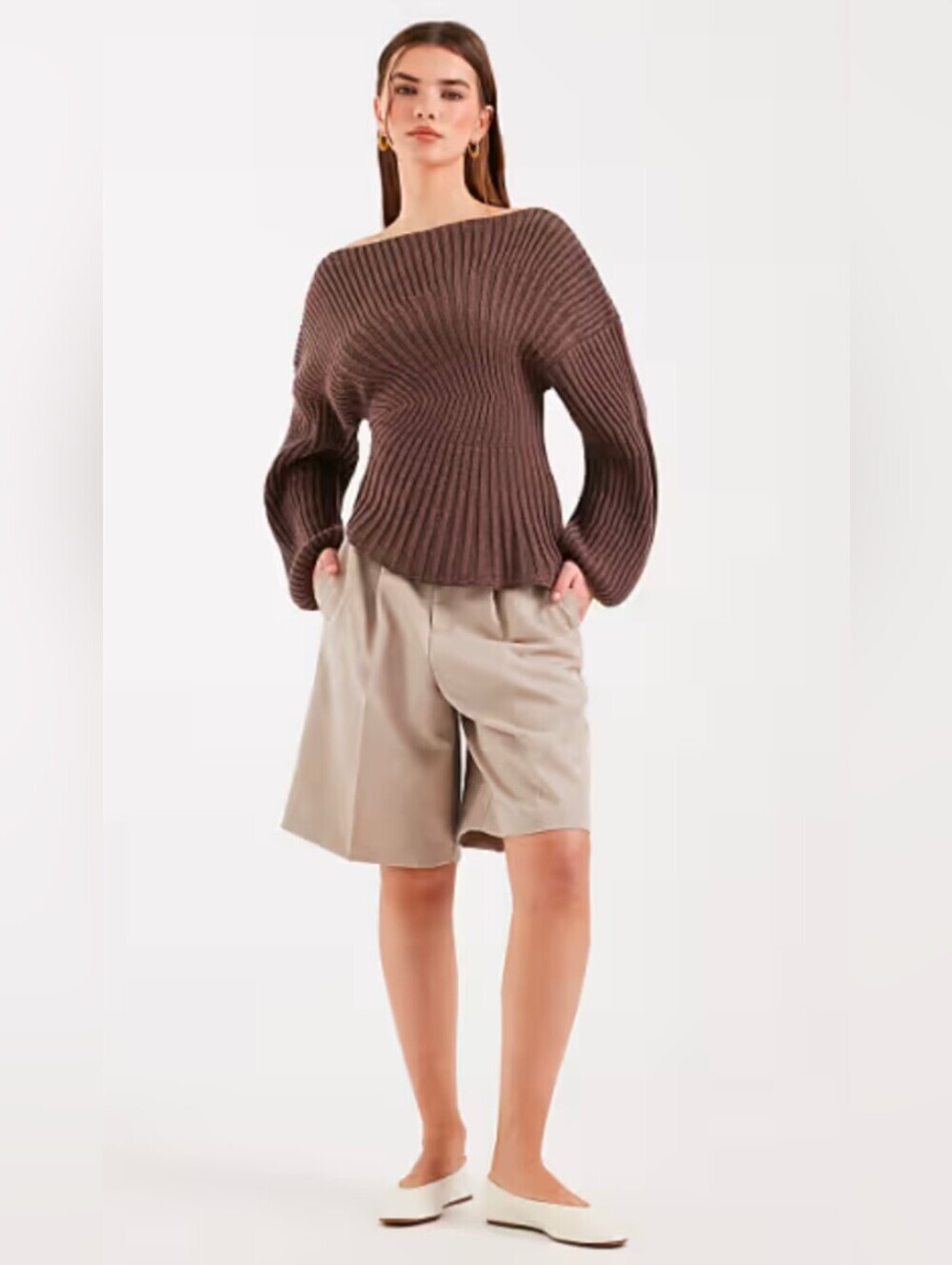 ASOS Chocolate Brown Ribbed Off-Shoulder Twist Pullover